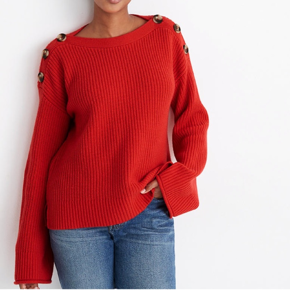 Madewell Calloway Red Button Shoulder Boatneck Sweater Sz S